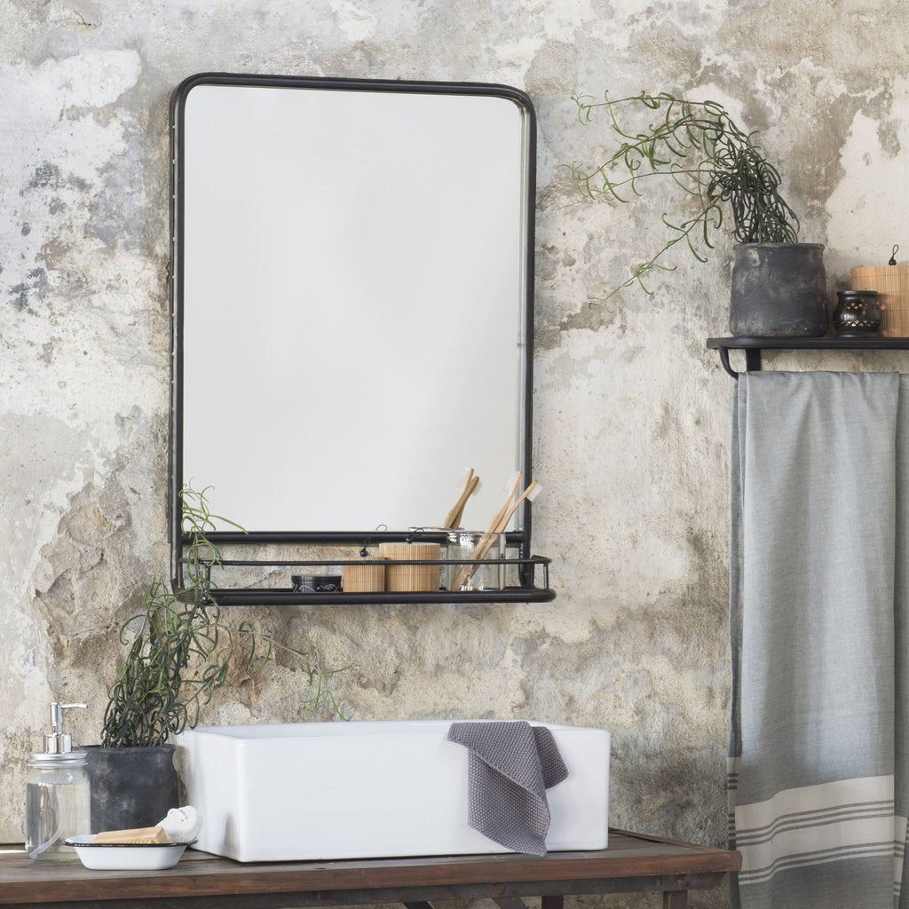 Large Black Distressed Industrial Mirror with Shelf-Mirror-The Little House Shop
