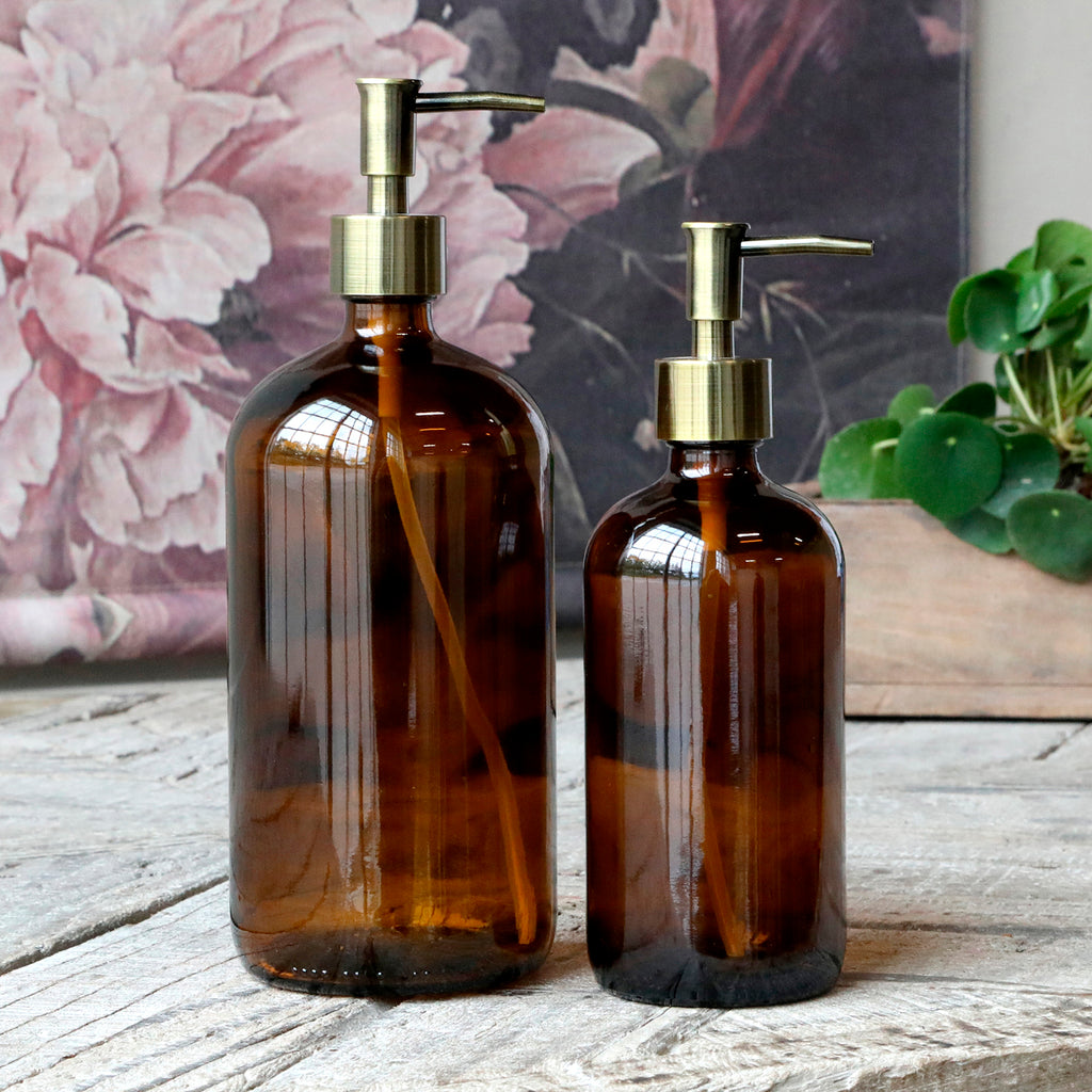 Amber Glass Bottle Holder With Brass Pump 480ml-soap Dispenser-The Little House Shop