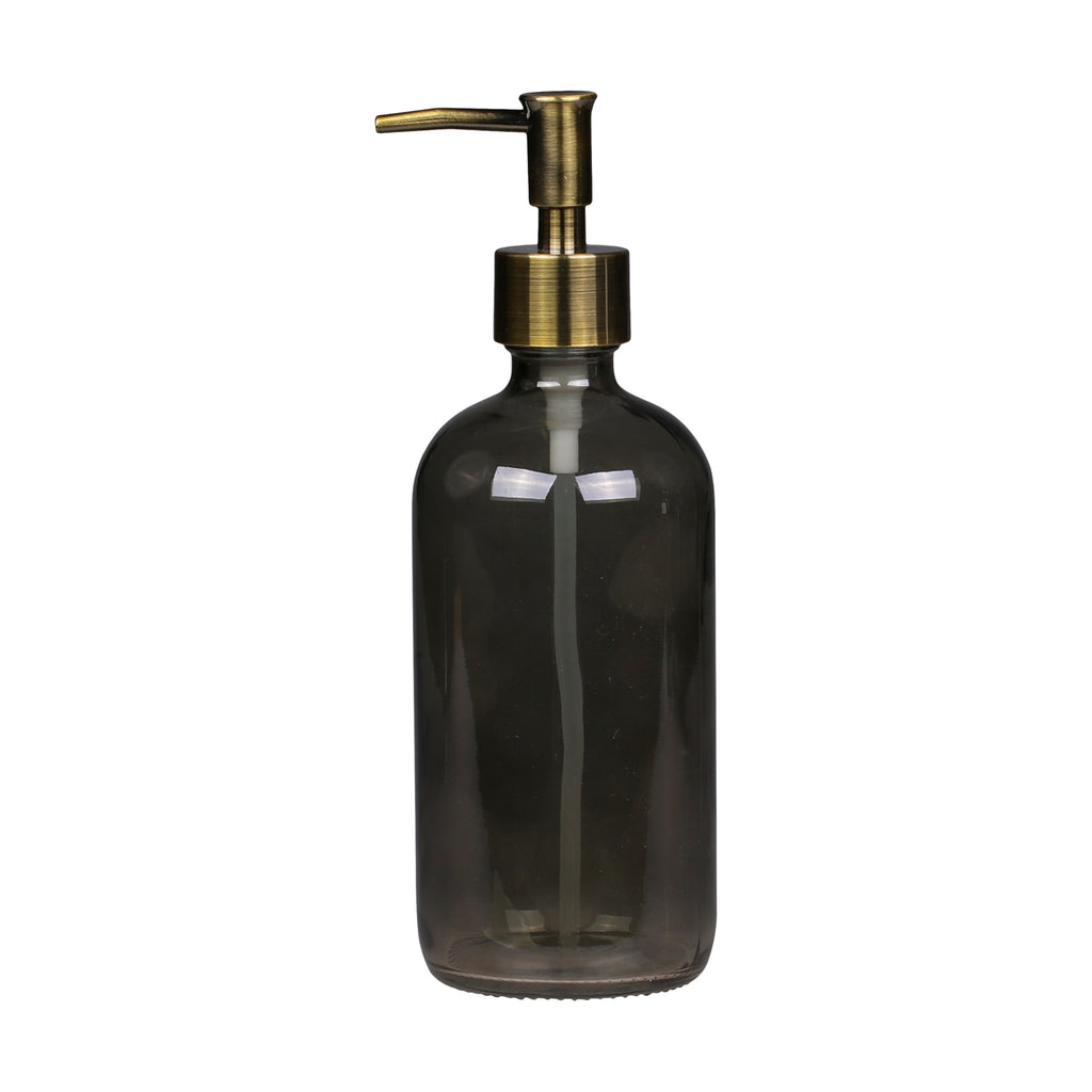 Smoke Glass Bottle Holder With Brass Pump 480ml-soap Dispenser-The Little House Shop