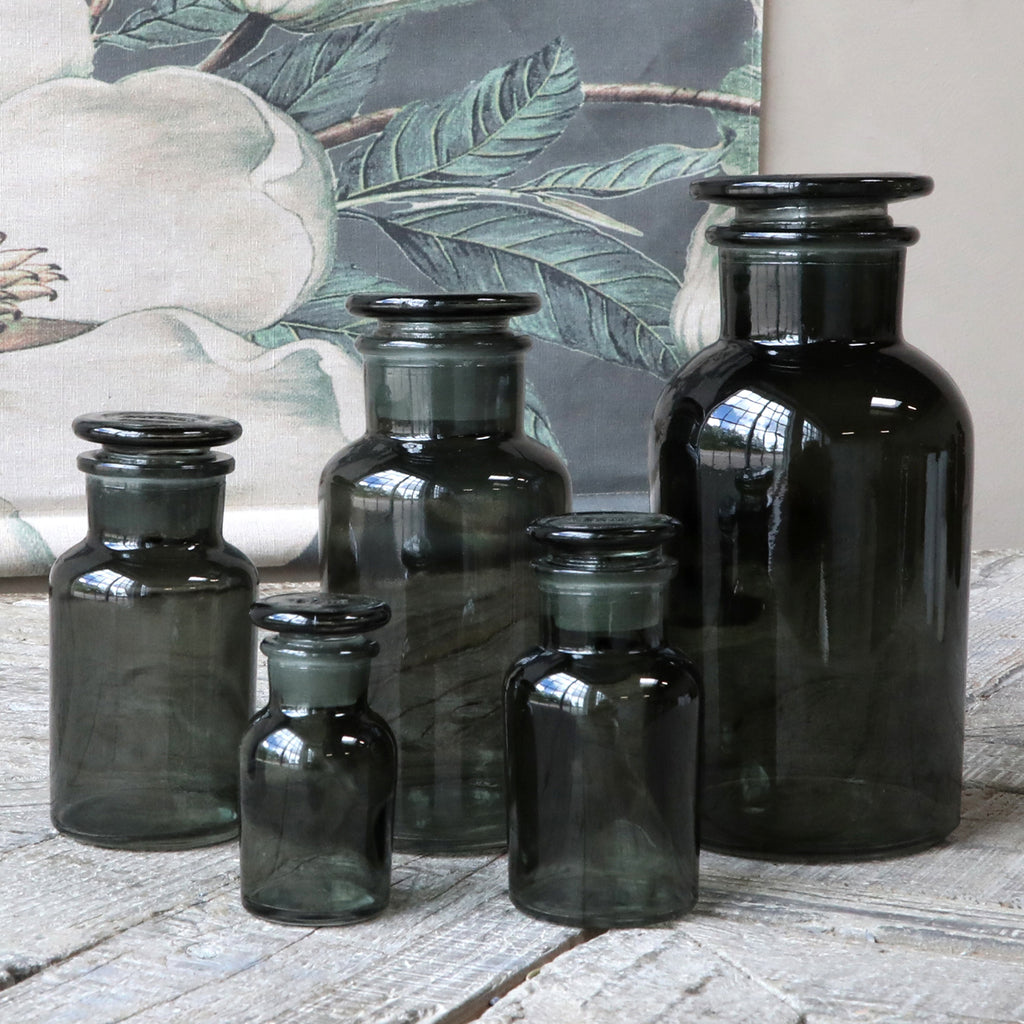 Set Of 5 Smoke Glass Apothecary Jars