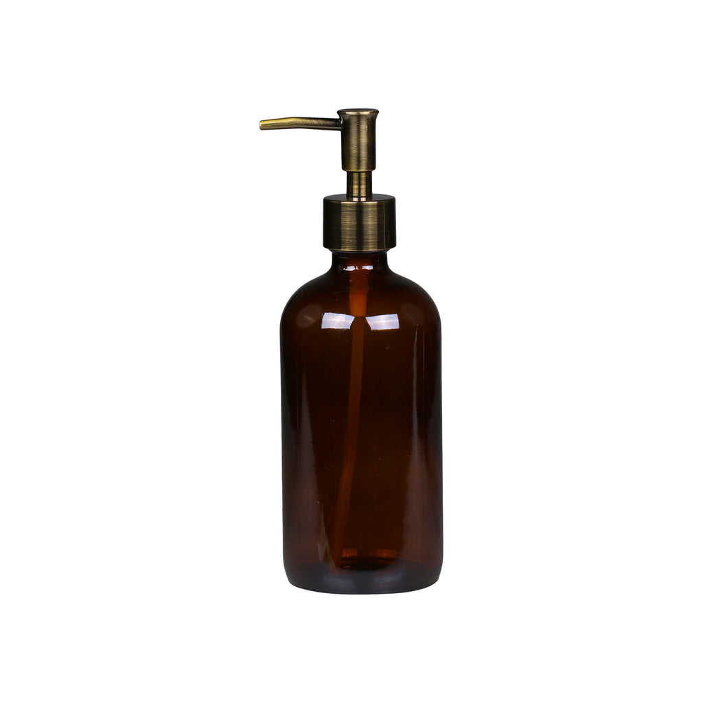 Amber Glass Bottle Holder With Brass Pump 480ml-soap Dispenser-The Little House Shop